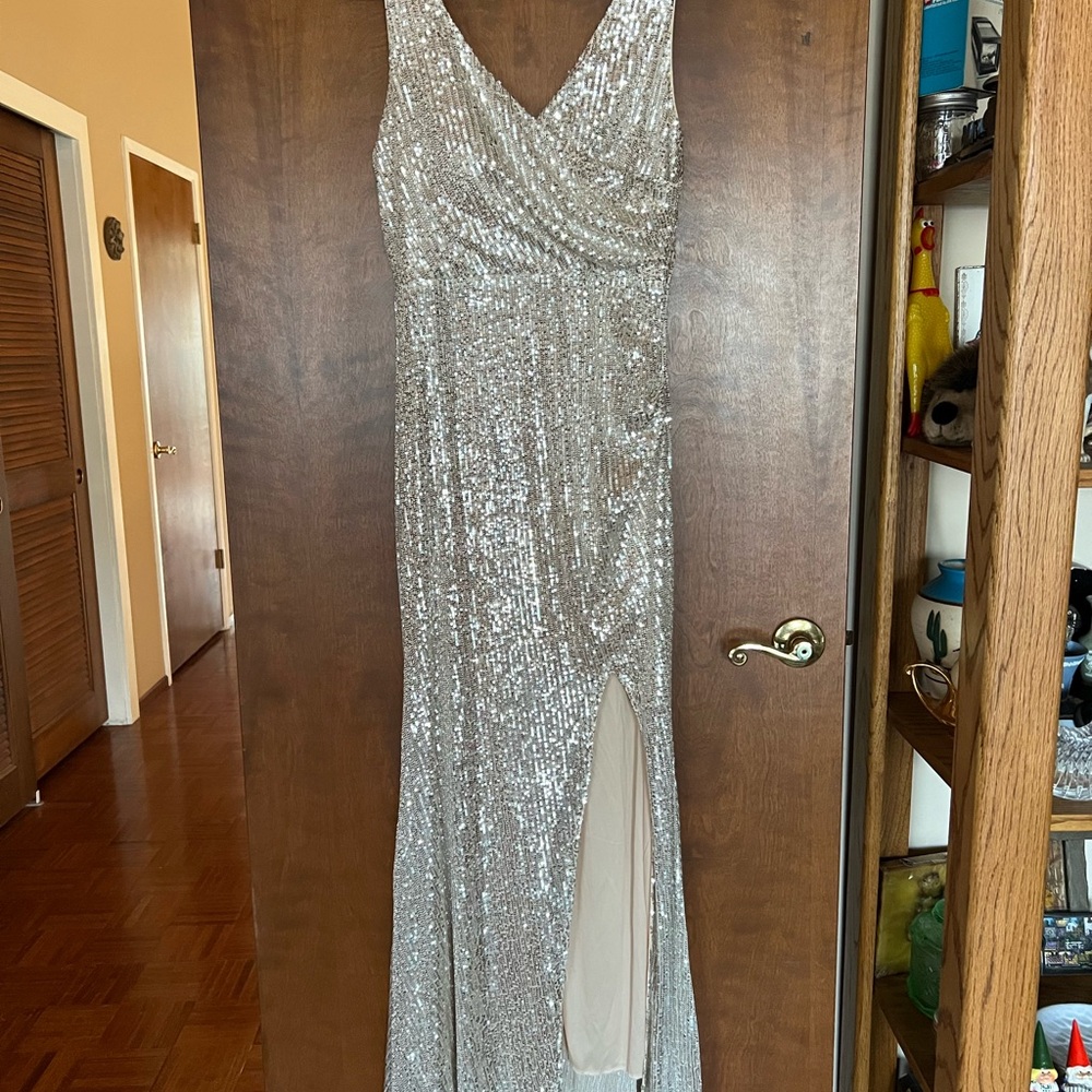 Aarhar Silver Sequin Dress with Slit